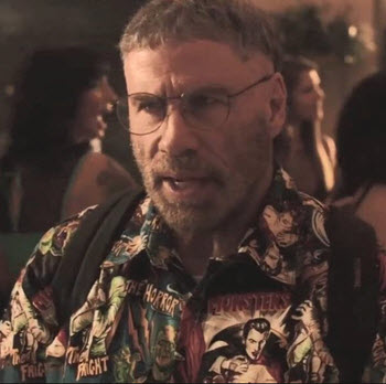 John Travolta wearing Horror Monster Hawaiian Shirt in the movie Fanatic