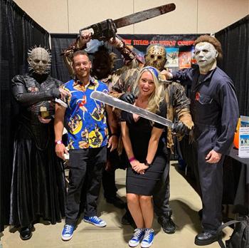 Guy wearing Halloween Hawaiian Shirt at custom horror costume booth