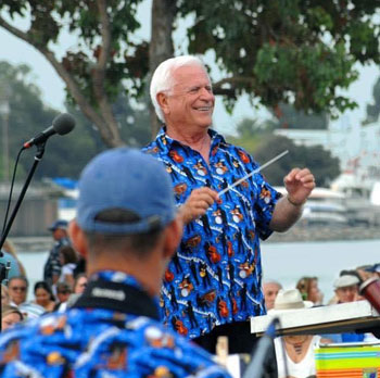 Long Beach Municipal Band conductor Larry Curtis wearing Musical Hawaiian Shirt from High Seas Trading