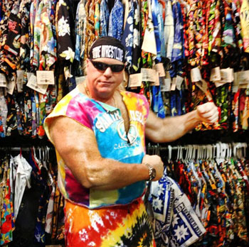 WWF wrestler shopping High Seas Hawaiian Shirts at LA County Fair HST booth