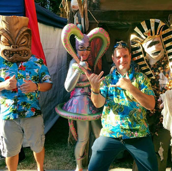Friends having a blast with with Tiki Hawaiian Shirts at the Tiki Oasis festival in San Diego