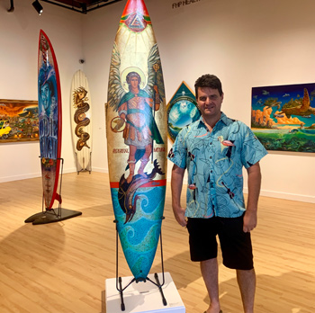 Sporting a Vintage Hawaiian Shirt at the Huntington Beach Art Center Rietveld & Roberts display