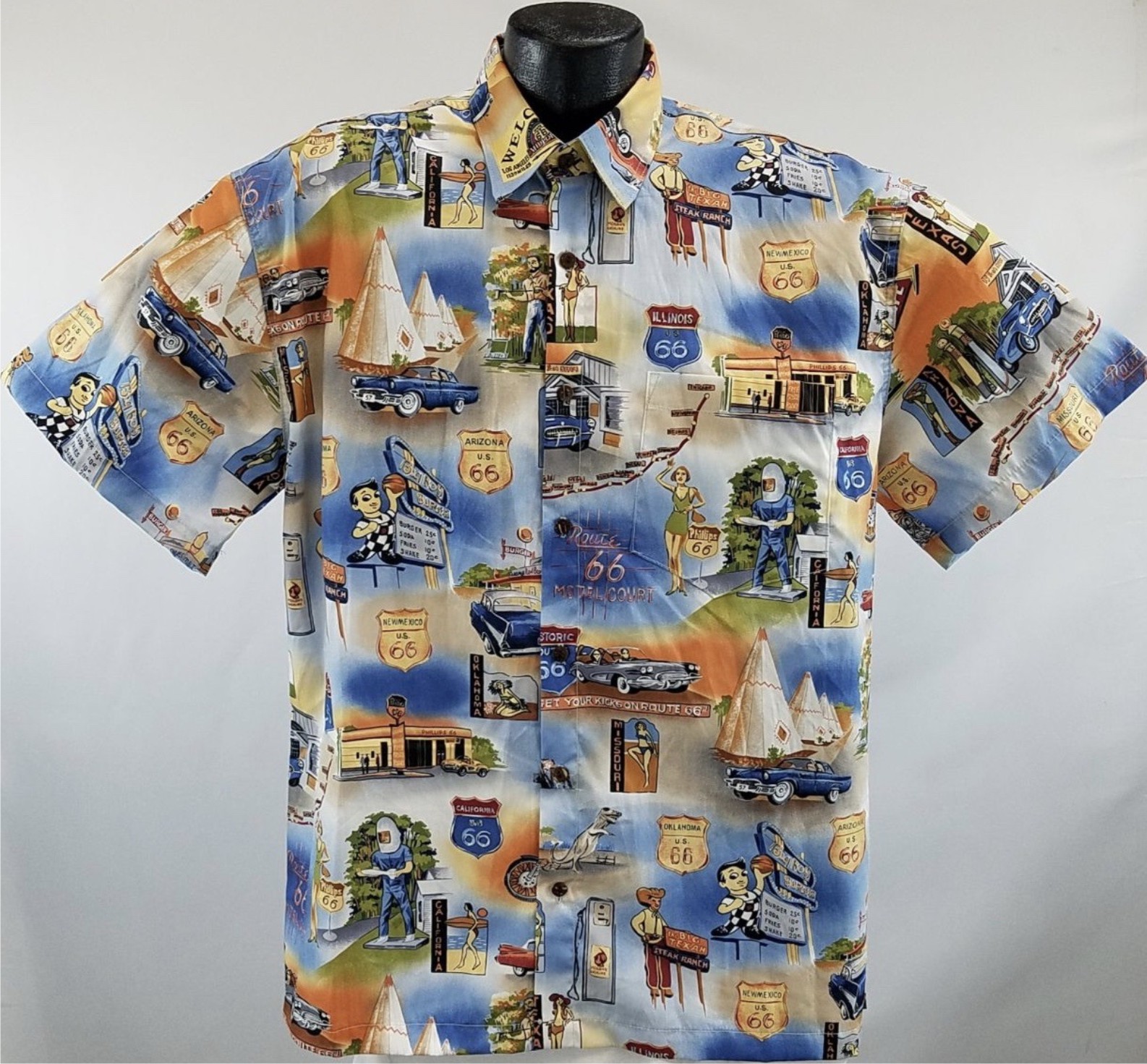 Aloha Republic Hawaiian Shirt Men's Medium Short Sleeve Route 66 Motorcycle  NWT