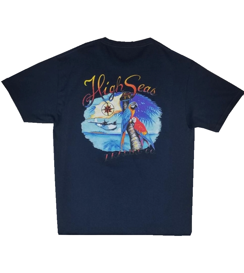 Hawaiian Shirts and USA Made Clothing by High Seas Trading Co. Parrot Island TShirt Navy Blue
